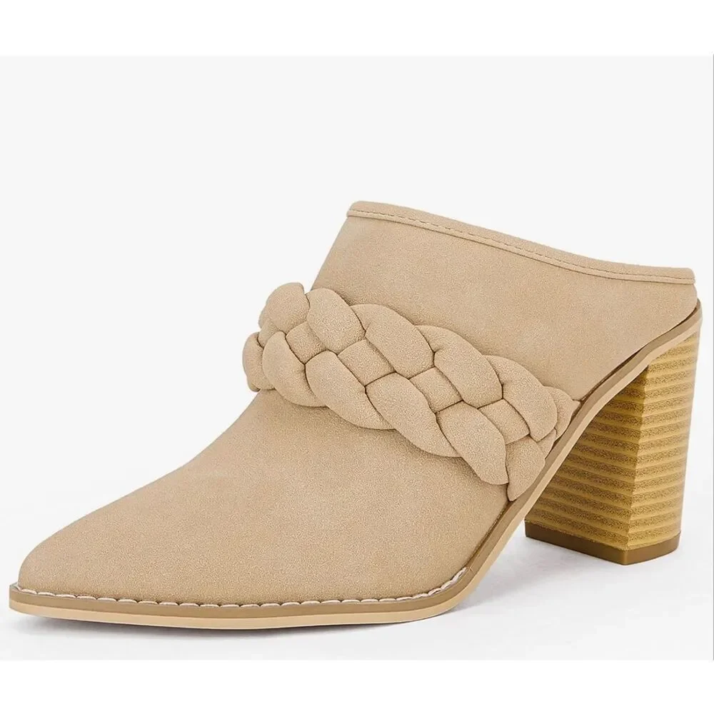 Womens Chunky Nude Block Heel Mules Braided Strap Booties Slip On Pointed Toe Sh